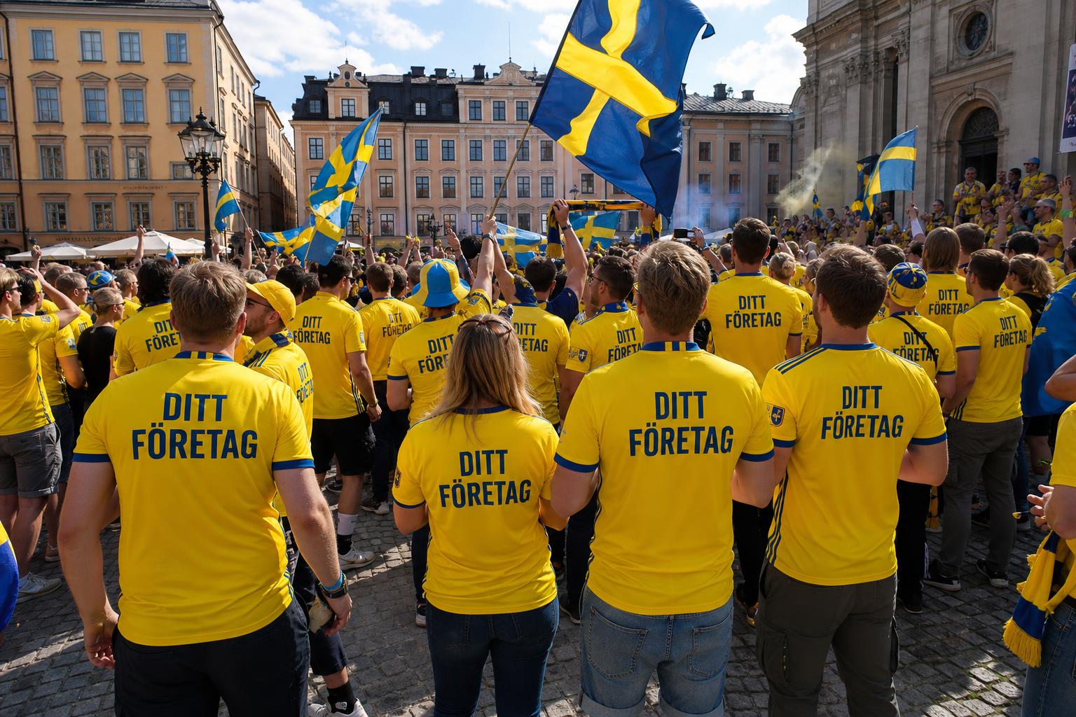 Supportrar på torget i Stockholm i Sverige-tröjor med DITT FÖRETAG på ryggen